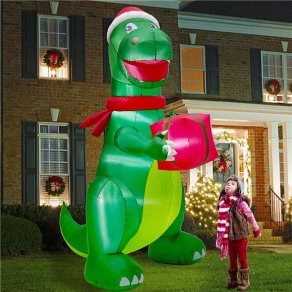 Christmas 8FT Inflatables Lighted Green Dinosaur with Christmas Hat and Gift Box